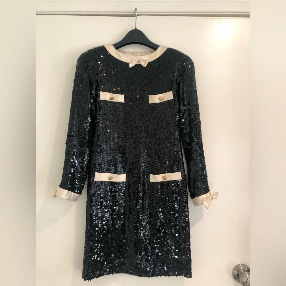 Vintage Black Sequined Cocktail Dress 80’s Long Sleeve Jeanette for St. Martin S - Picture 4 of 9